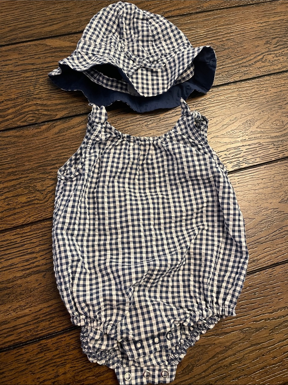 Carter’s Navy and White Gingham Baby Girl Romper with Matching Sun Hat - 6m